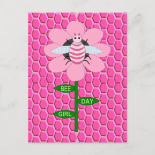 Postal Feliz Día de la Abeja Chica Pink Birthday Bumblebe
