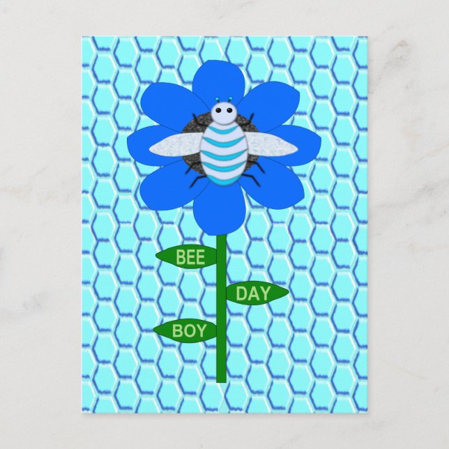 Postal Feliz Día de la Abeja Niño Azul Cumpleaños Abejorr (Anverso)