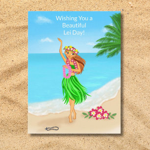 Postal Feliz Día de la Lei Hawaiana Chica Hula Playa