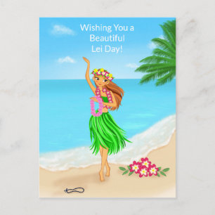 Postal Feliz Día de la Lei Hawaiana Chica Hula Playa