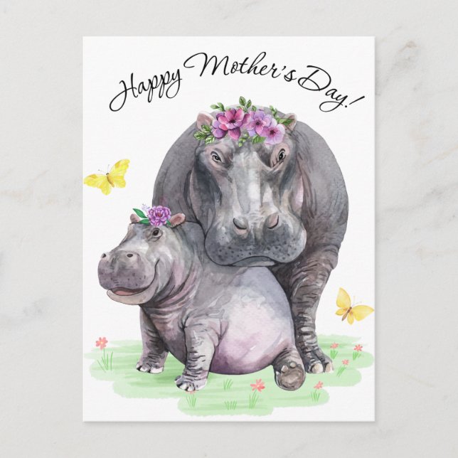 Postal Feliz Día de la Madre Diversión Hippo (Anverso)