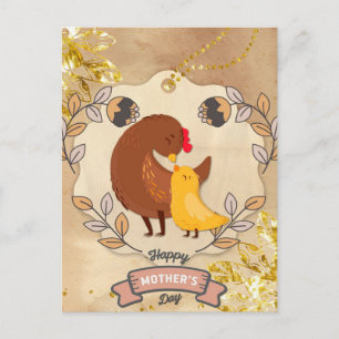 Postal Feliz Día de la Madre, gallina divertida y chica