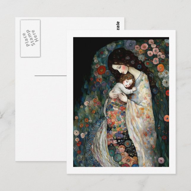 Postal Feliz Día de la Madre Pintura de Madre e Hijo  (Anverso / Reverso)