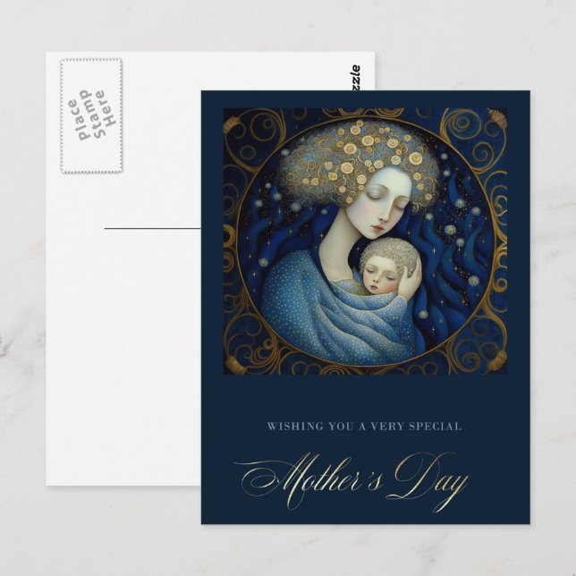 Postal Feliz Día de la Madre Pintura de madre e hijo (Anverso / Reverso)