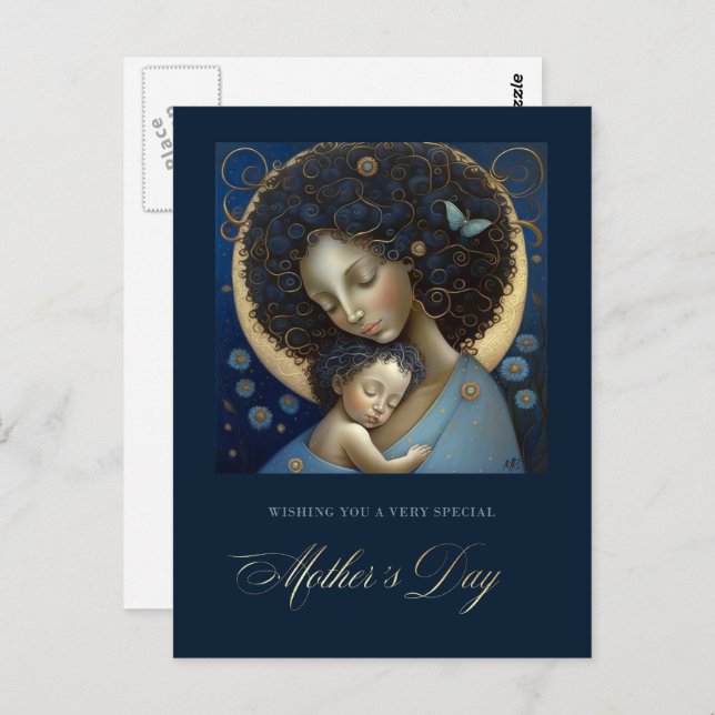 Postal Feliz Día de la Madre. Pintura de madre e hijo (Anverso / Reverso)