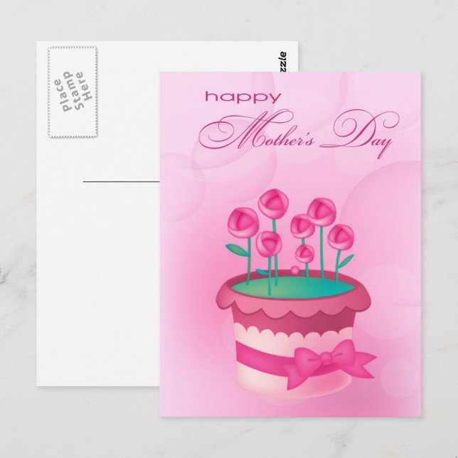Postal Feliz Día de la Madre. Rosas acuarelas en la cacer (Anverso / Reverso)