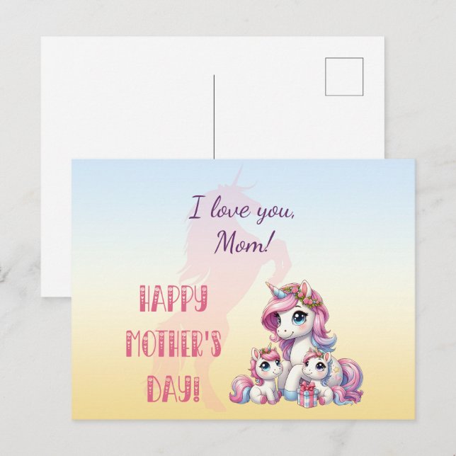 Postal "¡Feliz Día de la Madre!" Tema De Unicornio (Anverso / Reverso)