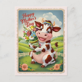 Postal Feliz Día de la Madre vaca linda con flores vintag