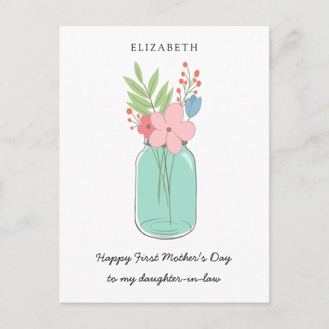 Postal Feliz Día de la Primera Madre, hija de Mason Jar e (Anverso)