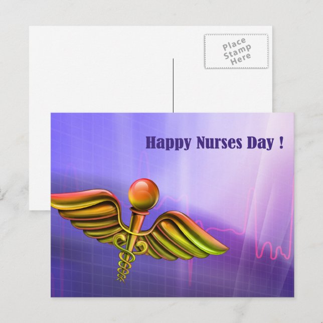 Postal Feliz Día de las Enfermeras. Caduceus médico (Anverso / Reverso)