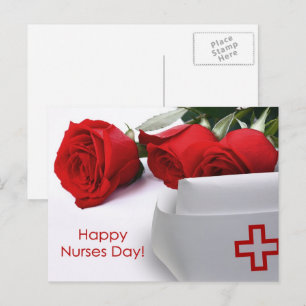 Postal Feliz Día de las Enfermeras. Roses rojos y tapón d