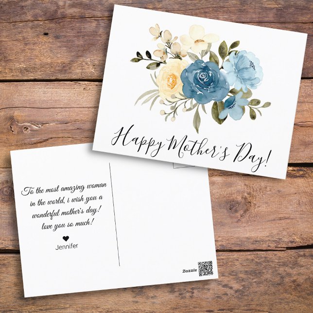 Postal feliz día de las madres acuarela azul moda floral (Subido por el creador)