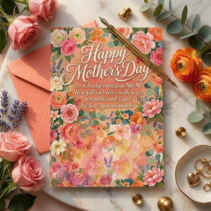 Postal Feliz Día de las Madres Lush Rosa Floral Acuarela 
