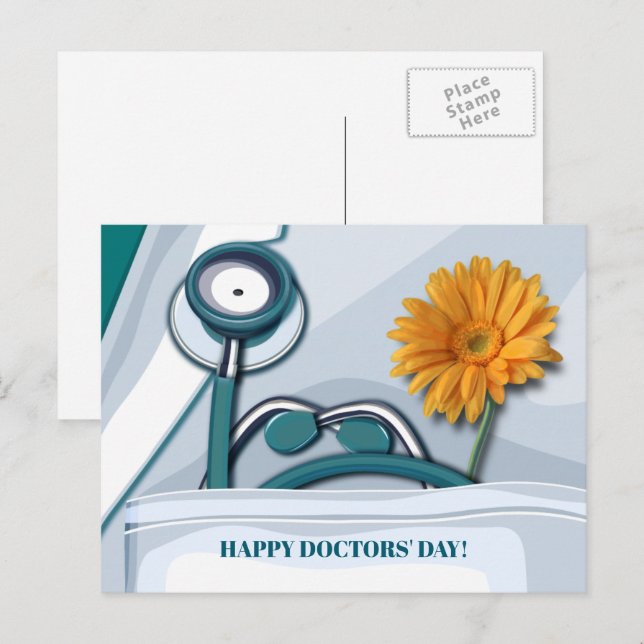 Postal Feliz Día de los Médicas. Stethoscope y Daisy (Anverso / Reverso)
