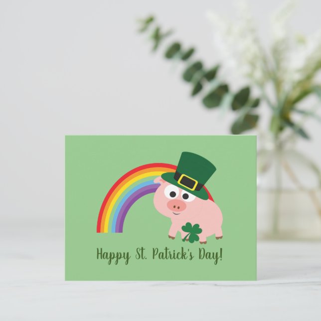 Postal Feliz día de San Patricio Cerdo duende lindo (Anverso de pie)