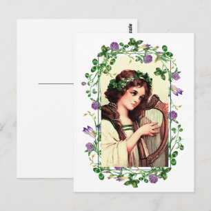 Postal Feliz día de San Patricio. Chica irlandesa con arp