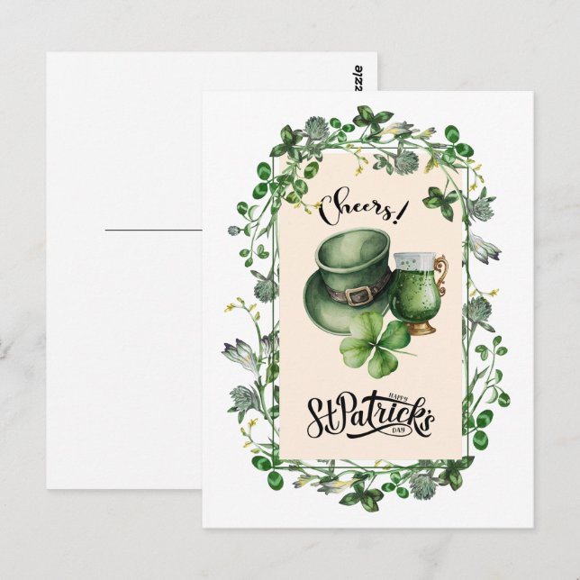 Postal Feliz Día de San Patricio. Leprechaun Gorra Green  (Anverso / Reverso)