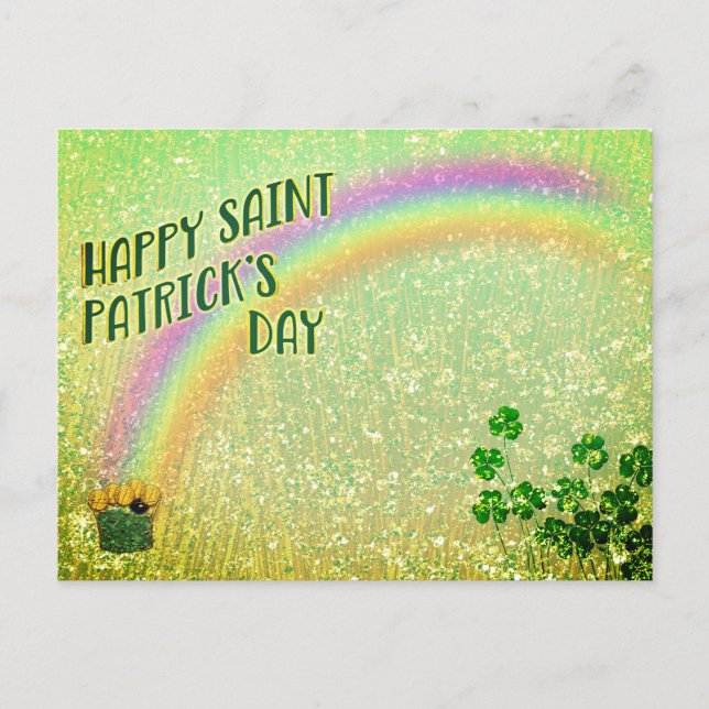 Postal Feliz Día de San Patricio, olla de arcoiris dorado (Anverso)