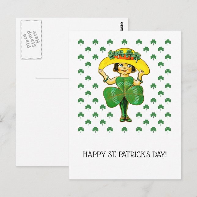 Postal Feliz Día de San Patricio. Pequeño Chica irlandés (Anverso / Reverso)