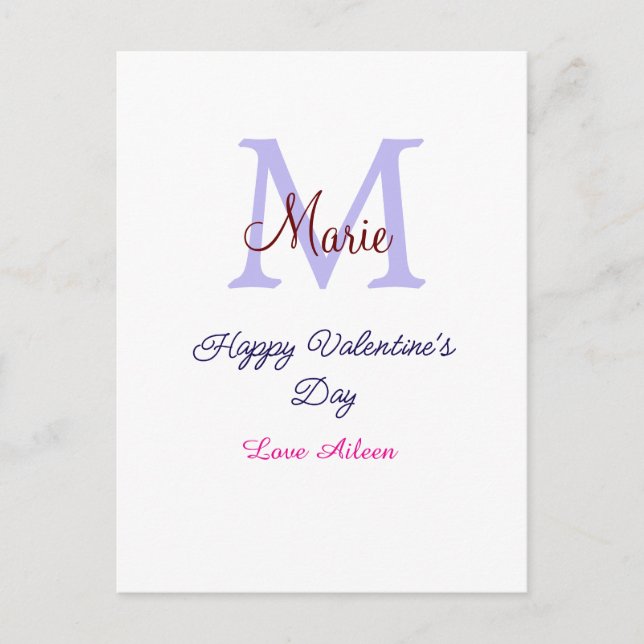 Postal Feliz día de San Valentín en pastel morado monogra (Anverso)