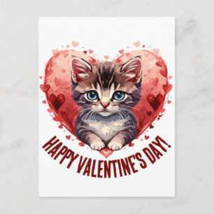Postal Feliz Día de San Valentín pequeño gatito con coraz
