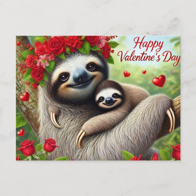 Postal Feliz día de San Valentín Perezoso Lindo (Anverso)