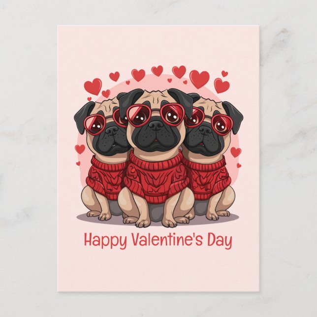 Postal Feliz Día de San Valentín Perros Pug (Anverso)
