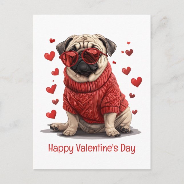 Postal Feliz Día de San Valentín Pug Dog (Anverso)