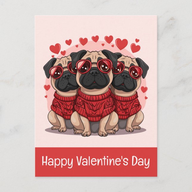 Postal Feliz día de San Valentín Pug Dogs (Anverso)