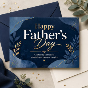 Postal Feliz Día del Padre Arte de Hoja Botánica Navy Oro