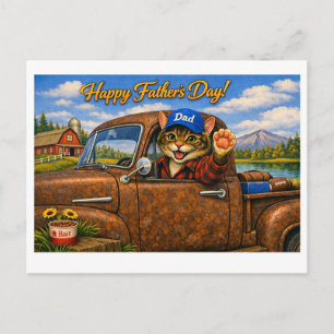 Postal Feliz Día del Padre Gato Papá en Camioneta Antigua