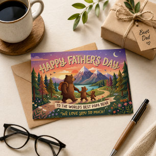 Postal Feliz Día del Padre Papá Oso Camping Montañas Amor