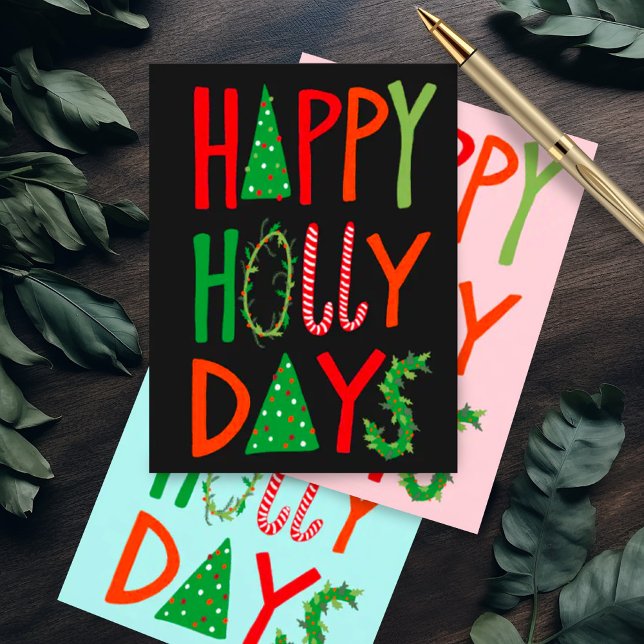 Postal FELIZ DÍAS DE SALUD Dulces Navidades de Navidad (Happy Holly Days cute quirky handmade Christmas postcard)
