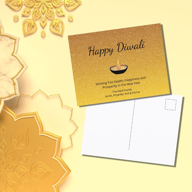 Postal Feliz Diwali Purpurina Gold Diya Flame (Subido por el creador)