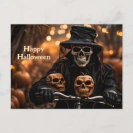 Postal Felíz esqueleto de Halloween en un esmoquin vintag