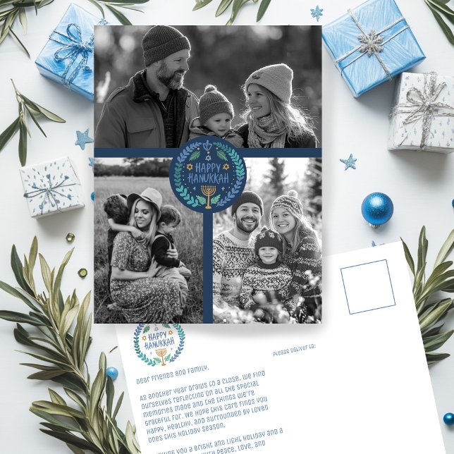 Postal Feliz feriado de fotos a la PERSONALIZADO Hanukkah (Happy Hanukkah Hand-Drawn CUSTOM PHOTOS Holiday Postcard
)