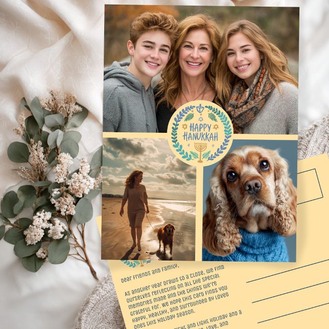 Postal Feliz feriado de fotos a la PERSONALIZADO Hanukkah (Happy Hanukkah Hand-Drawn CUSTOM 3 PHOTO Holiday Postcard
)