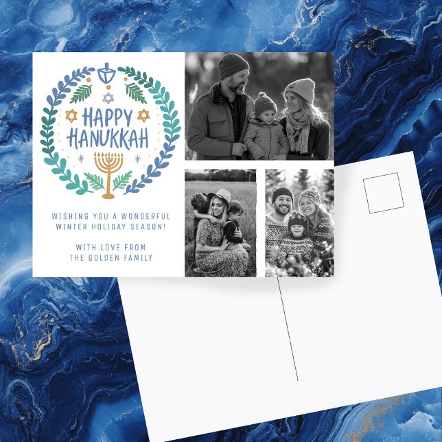 Postal Feliz feriado de fotos a PERSONALIZADO de Hanukkah (Happy Hanukkah Hand-Drawn CUSTOM 3 PHOTOS Holiday Postcard
)