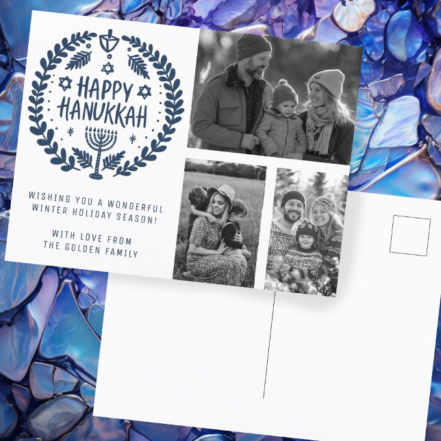 Postal Feliz feriado de fotos a PERSONALIZADO de Hanukkah (Happy Hanukkah Hand-Drawn CUSTOM three PHOTOS Modern Holiday Postcard
)