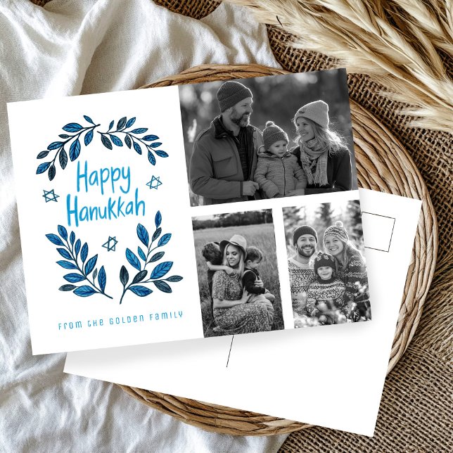 Postal Feliz feriado de Hanukkah PERSONALIZADO 3 FOTOS (Happy Hanukkah CUSTOM 3 PHOTOS Holiday Postcard
)
