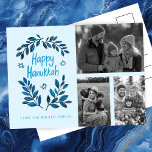 Postal Feliz feriado de Hanukkah PERSONALIZADO 3 FOTOS<br><div class="desc">Espero que te guste este diseño de vacaciones. Añade tus propias fotos y texto al frente haciendo clic en "Personalizar esta plantilla". Asegúrese de organizar sus fotos bajo el "grupo" que crea el borde blanco. Todo es regulable. Añade texto a la parte posterior también y cambia los colores de fondo....</div>