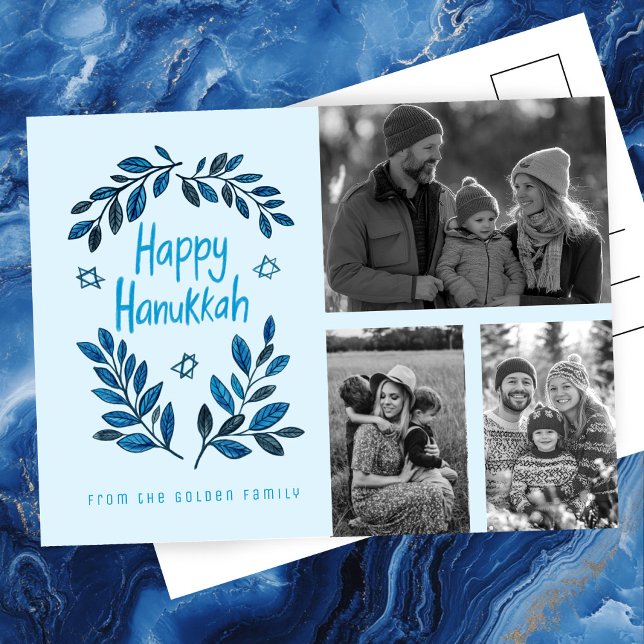 Postal Feliz feriado de Hanukkah PERSONALIZADO 3 FOTOS (Happy Hanukkah CUSTOM 3 PHOTOS Holiday Postcard
)