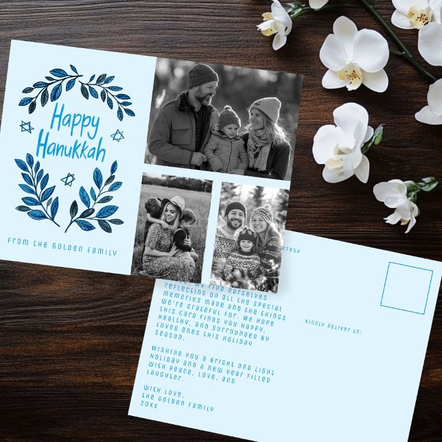 Postal Feliz feriado de Hanukkah PERSONALIZADO 3 FOTOS (Happy Hanukkah CUSTOM THree PHOTOS Holiday Postcard
)