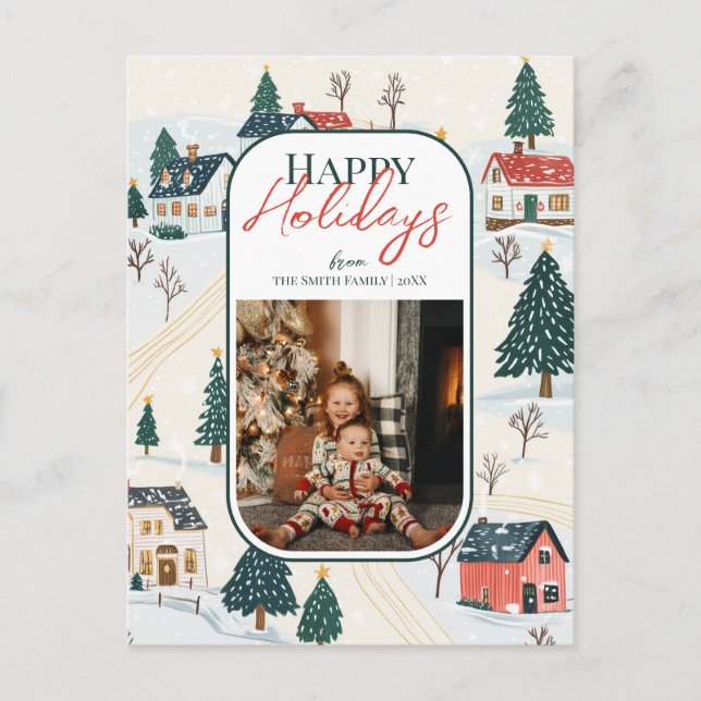 Postal Feliz feriado Winter Village Foto familiar (Anverso)