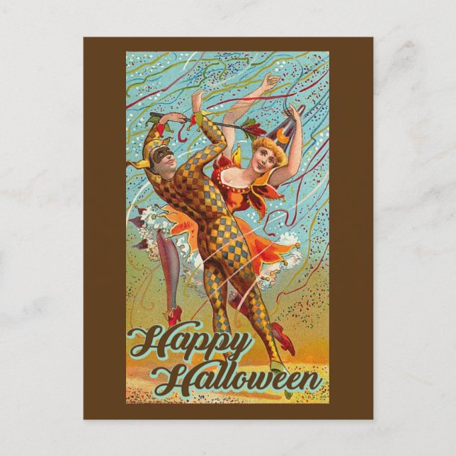 Postal Feliz Festival de Halloween Dancing Jester Masquer (Anverso)