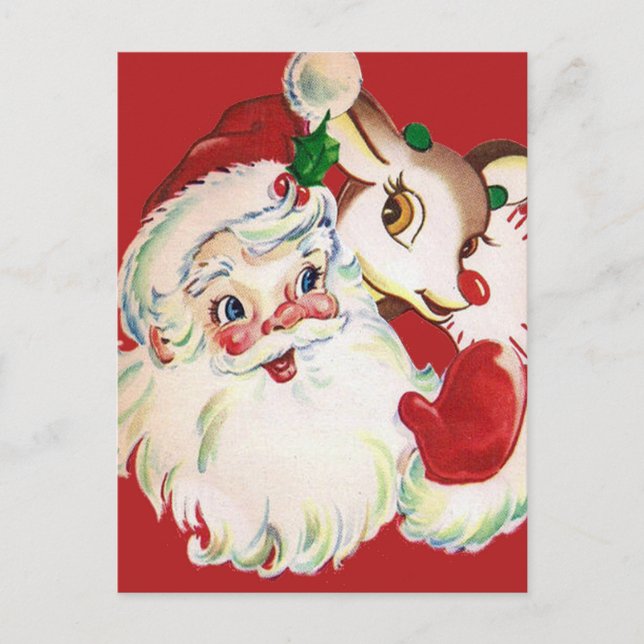 Postal FELIZ FESTIVIDAD | Vintage Santa & Rudolph (Anverso)
