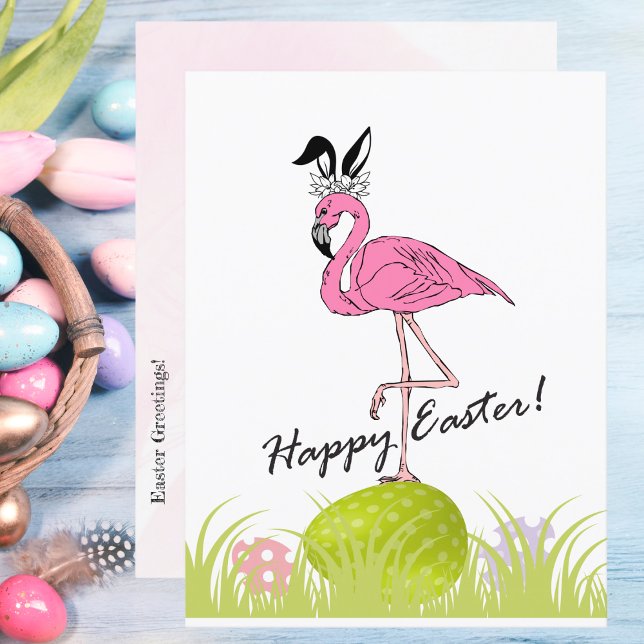 Postal Feliz Flamingo Rosa de Pascua Arejas Conejitas y H (Subido por el creador)