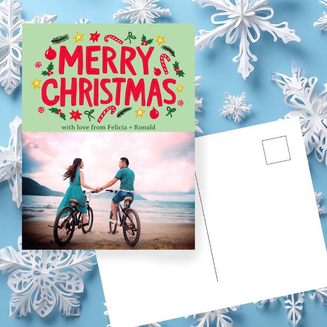 POSTAL FELIZ FOTO DE PERSONALIZADO FERIADO DE NAVIDAD (MERRY CHRISTMAS Holiday Xmas Doodles Hand-drawn CUSTOM PHOTO Postcard
)