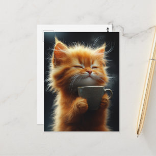 Postal Feliz Gatito Naranja Adorable Con un Café