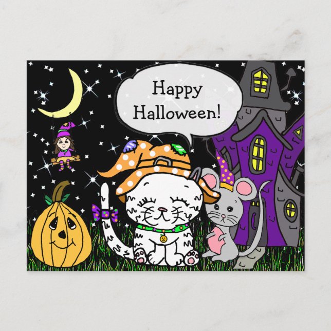 Postal Felíz Gato Blanco de Halloween y la taza del ratón (Anverso)